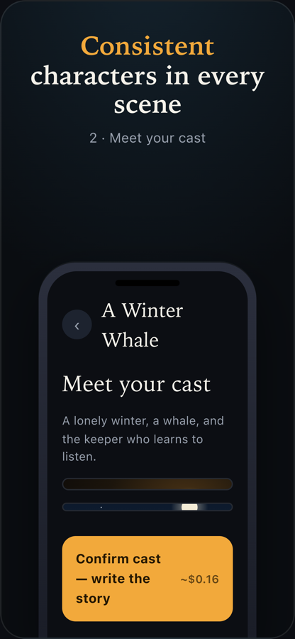 Taleframe Meet-your-cast screen for the story 'A Winter Whale', showing the cast being generated with a confirm-cast button and an estimated cost.