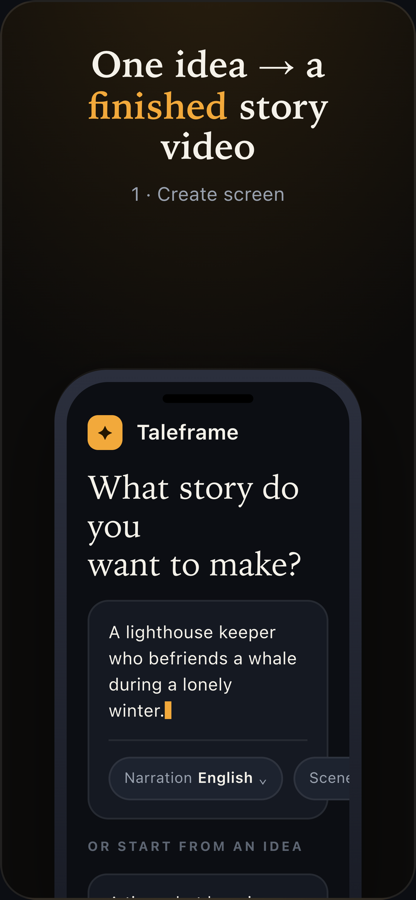 Taleframe Create screen: a text box reading 'A lighthouse keeper who befriends a whale during a lonely winter', with narration language set to English.
